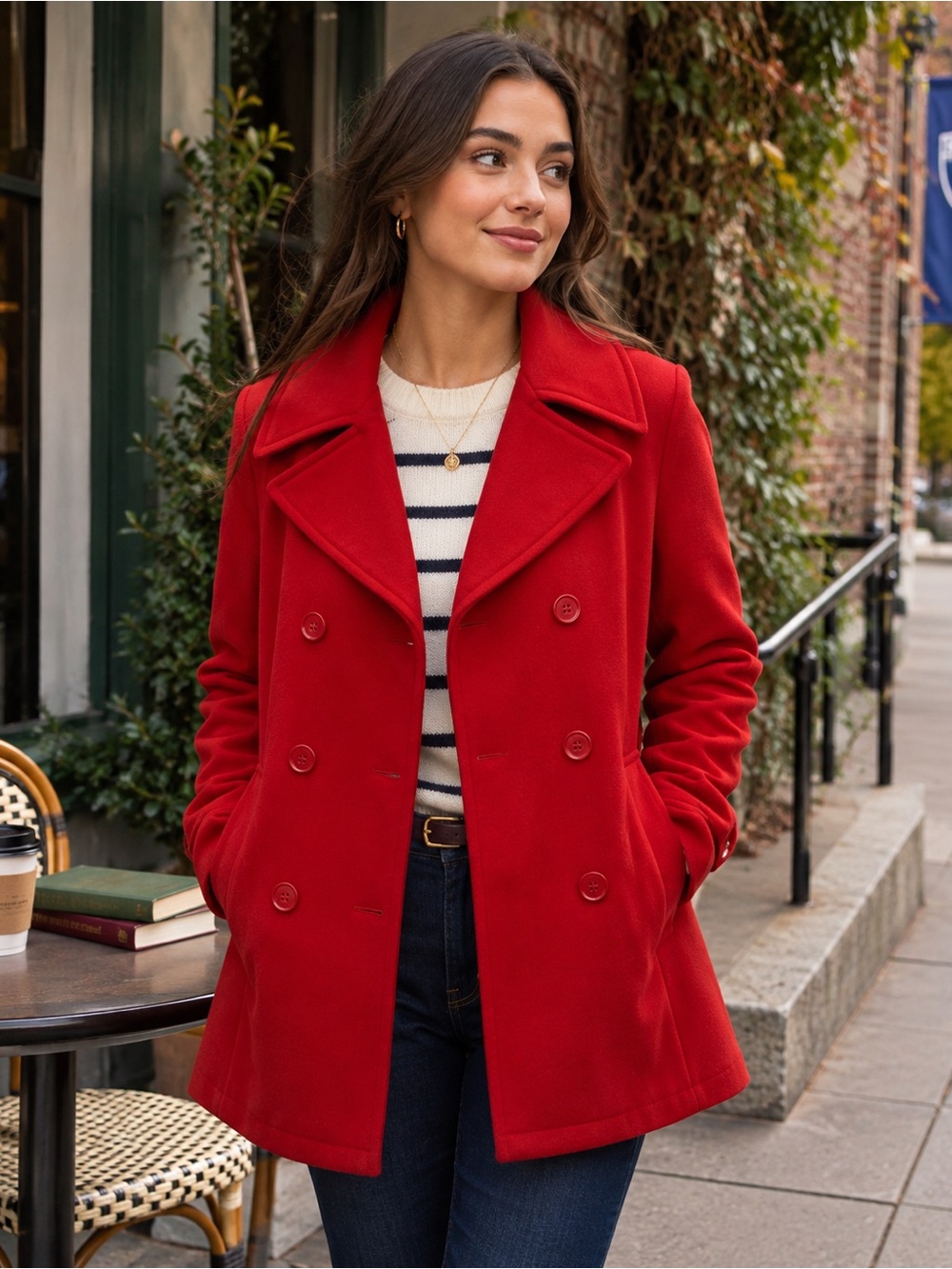 Excelled Collection Lip Red Double Breasted Peacoat Classic Winter Coat Sz XL